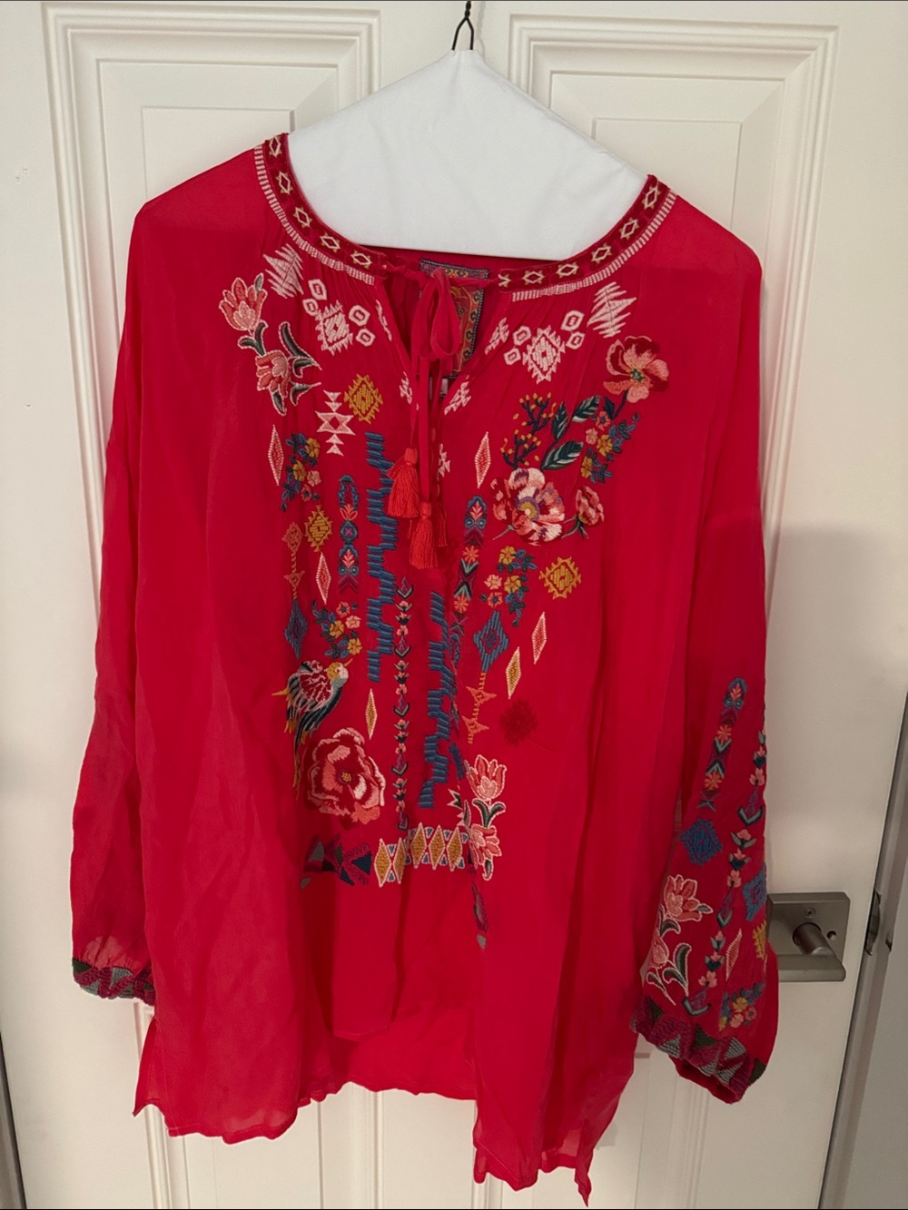 Johnny Was Red Embroidered Peasant Blouse